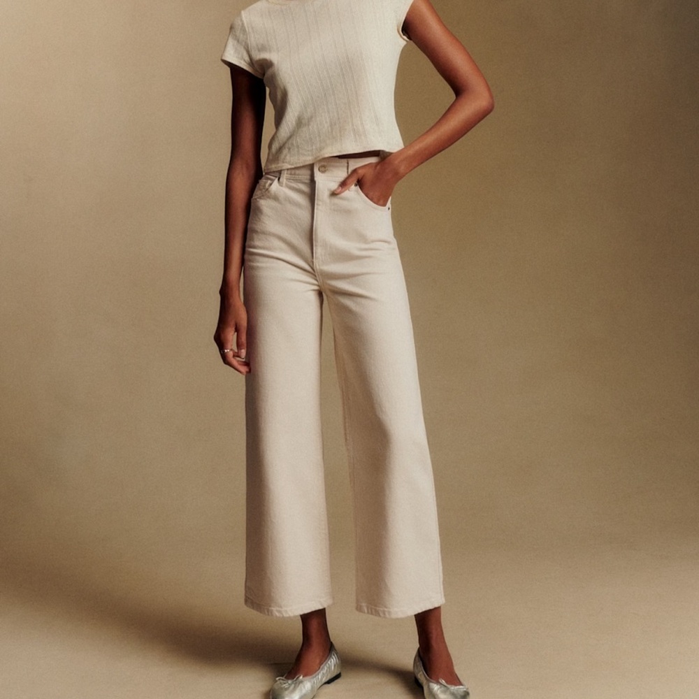 Sezane High-Rise Wide-Leg Jeans in Light Beige